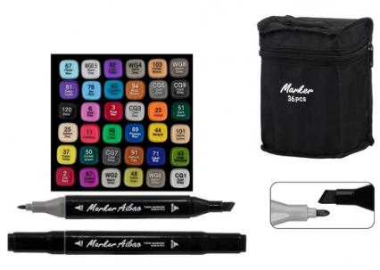 Набор скетч-маркеров 36 цв. Basir "Четырехгранный" кругл./скош., черн. корп., тканевая черная сумка