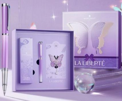 Роллер подар. в футл. Montagut 0,6 мм, син., корпус фиолетовая градиент+ закладка "Бабочка"