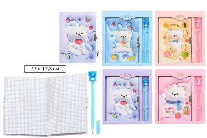 Блокнот с замочком А5 48 л. тв. обл. спир. Basir "Мишки" + ручка 