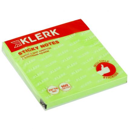 Бум. с клеев. кр. 76*76 мм неон зеленый Klerk 100 л. 
