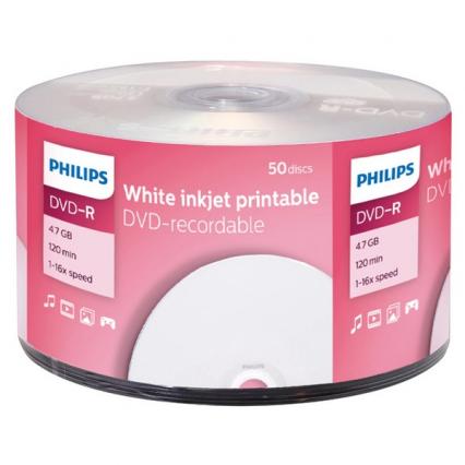 Диск DVD-R PHILIPS 4,7Гб 16x/50 Bulk поверхность для печати