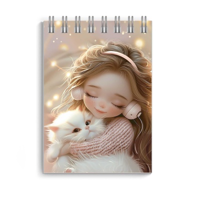 Блокнот А7 40 л. греб. клетка Ф+ "Девочка в наушниках и котенок"