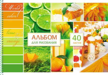 Альбом для рис. А4 40 л. спир. цв. ПП "Зеленое и оранжевое"