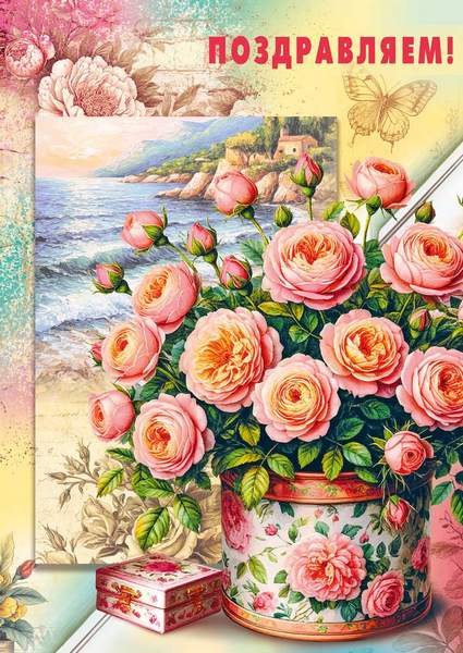 Открытка А4 "Поздравляем! (розовые розы в коробке)