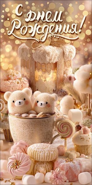 Открытка-конверт "С Днем Рождения!" (кружка, зефир, конфеты)