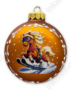 Шар стекло 8 см "Лошадка лыжник" золотой 