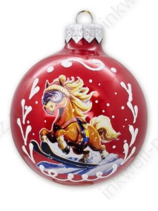 Шар стекло 8 см "Лошадка лыжник" красный