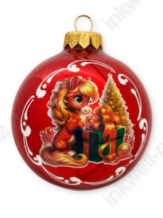 Шар стекло 8 см "Лошадка у елки" красный