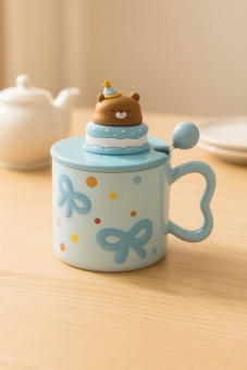 Кружка 370 мл "Привет, мишка" гол., с крышкой и ложкой