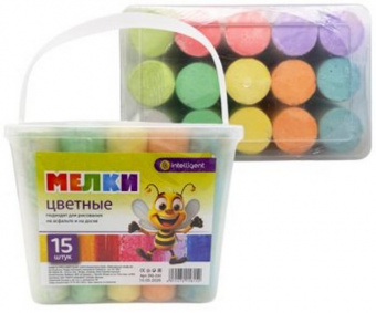 Мел цветной 15 шт. 08 цв. асфальтовый Intelligent "Утолщенный" пласт. ведро