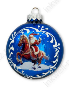 Шар стекло 8 см "Лошадка с Дедом Морозом" голубой