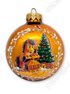 Шар стекло 8 см "Лошадка и сокровища" золотой