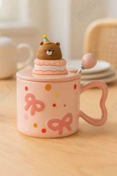 Кружка 370 мл "Cute bear" роз., с крышкой и ложкой